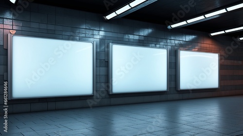 Three blank billboards on underground subway wall Mockup. Hoardings advertising triptych in glowing neon lights interior
