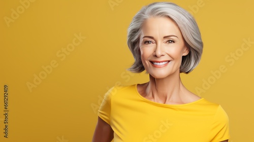 The adult woman is aging gracefully with smooth, healthy facial skin with a gray glow and a cheerful smile on yellow background. Beauty and cosmetic skin care advertising concept. 