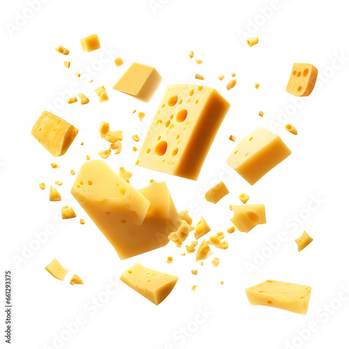 flying pieces of cheese isolated on transparent background Remove png, Clipping Path