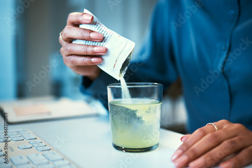 Medicine, water and business person with effervescent in office for wellness, health drink and vitamins. Healthcare, corporate and hands of worker with powder, supplement and medical relief in glass