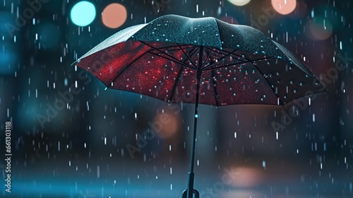 Raindrops fall on a black umbrella at night