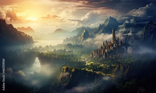 A surreal castle in the sky, creating a magical fantasy landscape