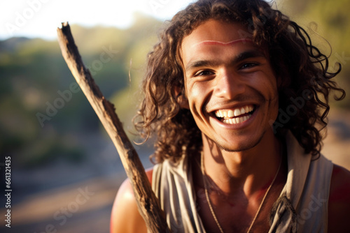 Young Aboriginal man chuckling, with a spear from wood in the background.