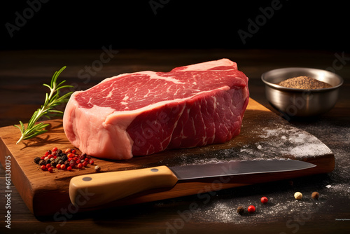 Raw wagyu fillet steak on wooden chopping board 