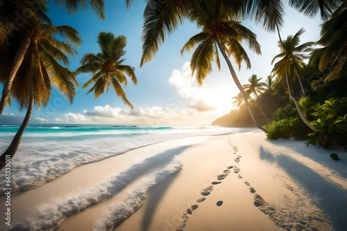 A serene, secluded beach with powdery white sand, gently lapped by crystal-clear waves, framed by tall palm trees.