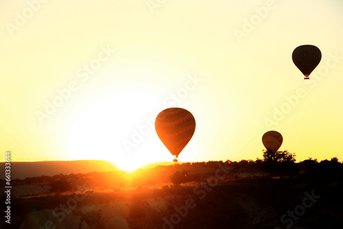Balloons in Cappadocia at sunrise, Turkey. 