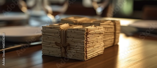 paper napkins in bamboo wood box on dining table