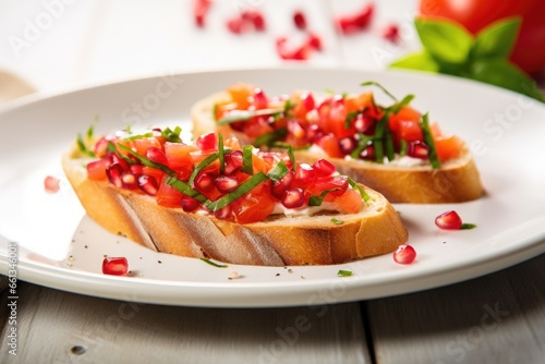 colorful bruschetta with pomegranate seeds on a white ceramic plate