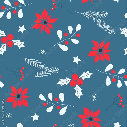 Seamless pattern with winter poinsettia, berries, spruce branches, snowflakes. Festive abstract natural frosty print. Vector graphics.