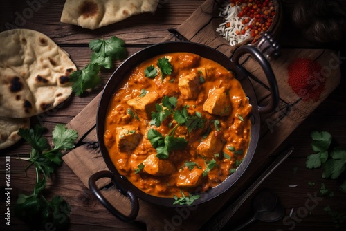 indian chicken tikka masala curry in bowl, copy space, generative ai