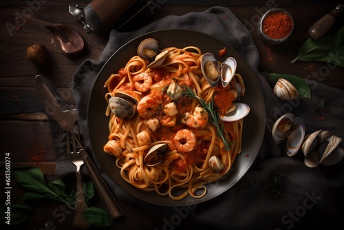 seafood marinara pasta with mussels oysters and Italian pasta, top view, cookbook illustration, generative ai