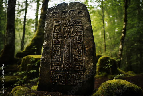  An ancient runestone standing upright, featuring carved inscriptions that tell a story or spell from long ago