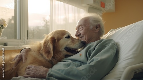 Happy golden retriever dog helping an old and sick man in the hospital and makes him smile