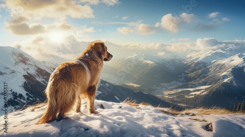 golden retriever dog standing on a snowy mountain with panorama view on a beautiful winter landscape