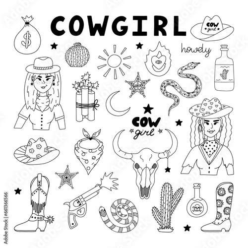Big cowgirl set in doodle style with hand drawn outline. Vector illustration with western boots, hat, snake, cactus, bull skull, sheriff badge star. Cowboy theme with symbols of Texas and Wild West
