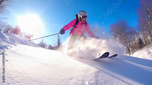 woman skier in a pink jacket is skiing at winter scenery