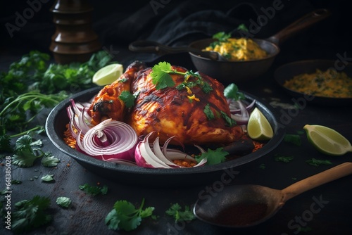 indian tandoori chicken with onions and herbs, roasted meat, copy space, generative ai