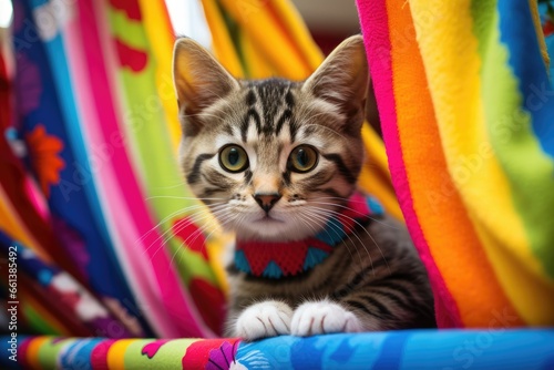 Cute kitten with fluffy fur showing adorable and curious behavior on a colorful fabric background.