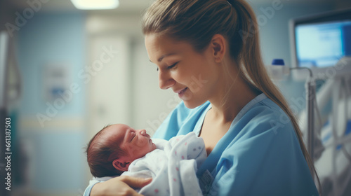Nurse cradling a day-old infant, newborn baby, displaying genuine emotions of nurture and care. ai generative
