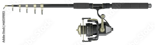 Fishing rod with spinning reel, side view. 3D rendering isolated on transparent background