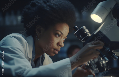 Witness the dedication of a female virologist at work in a laboratory, meticulously studying with a microscope. A depiction of scientific discovery Created using generative AI tools