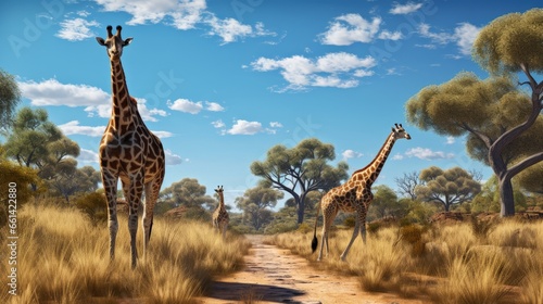 Tall giraffes in the savannah in South Africa. Wildlife conservation is important for all animals living in the wild. Animals walking around a woodland in a safari against a clear, blue sky