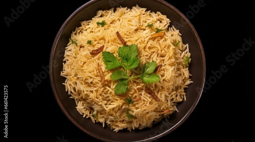 Isolated Turkish rice pilaf with orzo in a plate. Top view.