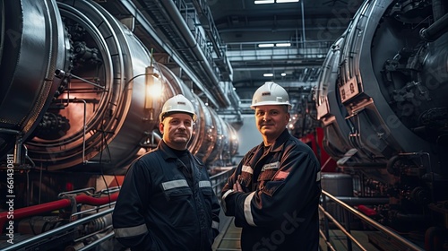 Engineers in uniforms and helmets are behind a small power plant