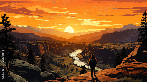 Scenic view of yellowstone national park during sunrise or sunset with a silhouette of trekker or tourist or man, in landscape comic style. 