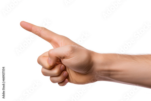 Male finger pointing, indicating direction or drawing attention to a specific object or action, isolated on a white background
