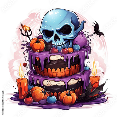 tort dyniowy z czaszką i świeczkami na Halloween