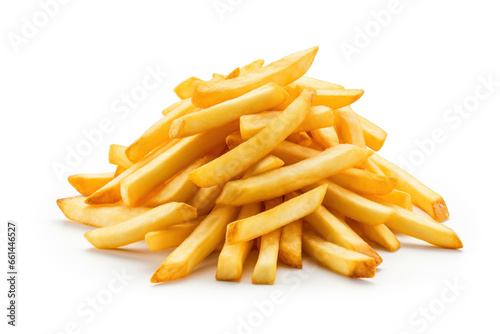 Stack of French fries, crispy and golden, a popular and delicious fast-food side dish, isolated on a white background