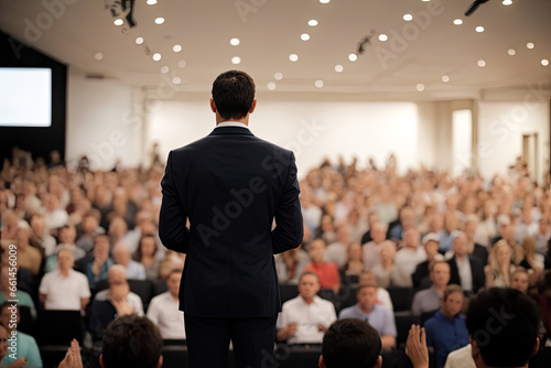 motivational speaker. Back view of motivational speaker standing on stage in front of audience for motivation speech on conference or business event. Generative AI