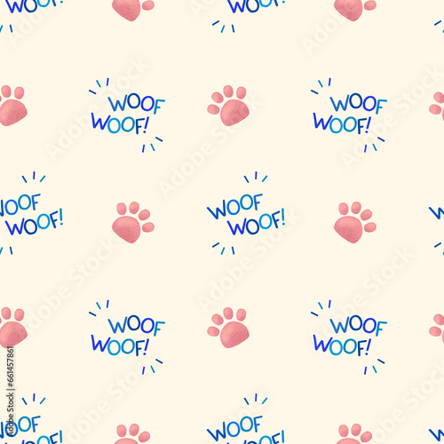 Dog paw prints and woof-woof lettering seamless pattern