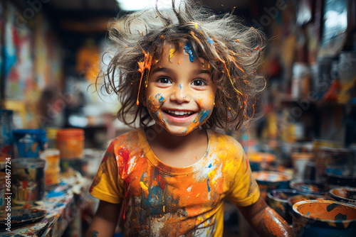 Close-up of cute child covered in paint, playing.