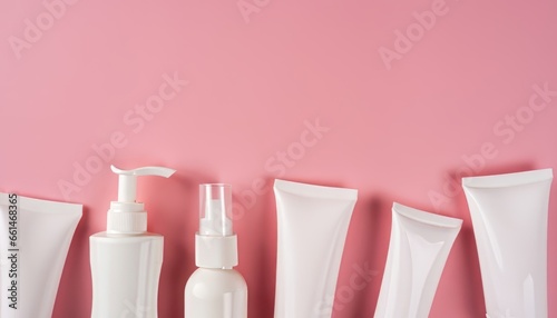 Skincare concept. Top above overhead view photo of white tubes and bottles isolated on pink background with copyspace