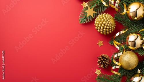 Top view of golden christmas tree balls pine cones glowing stars and gold serpentine on pine branches on red background with copy space