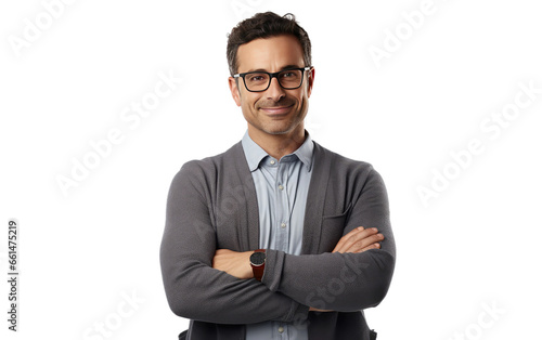Dedicated Mentor Male Teacher Confident Image in Folded Arms Pose Isolated on a Transparent Background PNG.