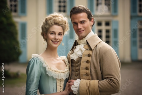 Beautiful Young Couple in Regency Era Clothing Royal Vintage Victorian 18th Century Blue Attire Generative Ai