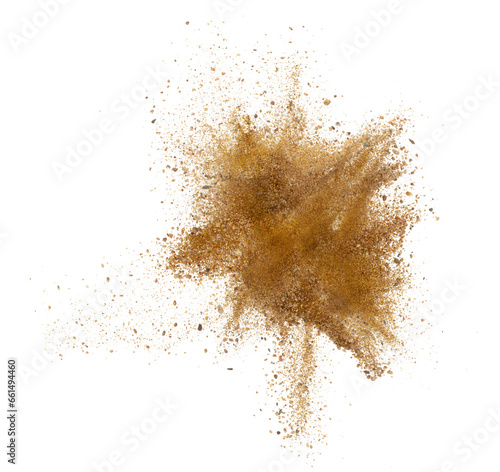 Gold ore nugget mix sand explode from Mining. Golden ore grain powder explosion with sand stone gravel in gold Mine industry. White background Isolated throwing freeze stop motion