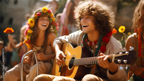Young hippie girls and boys singing songs and playing guitar at a flower power festival