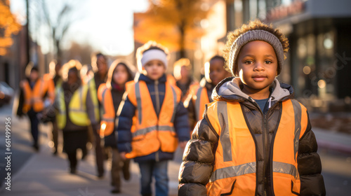 Children in reflective vests walking in line to city school.