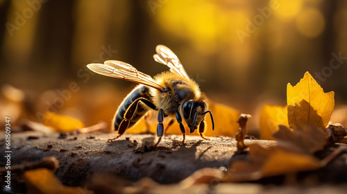 Close up portrait of a bee in autumn forest floor, macro photography of a innocent little insect