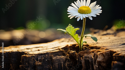 Nature's adaptability, Beautiful delicate desi flower growing in a rotten wood trunk of a forest floor