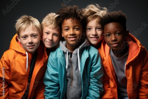A lively group of boys from diverse races, filled with joy and laughter.