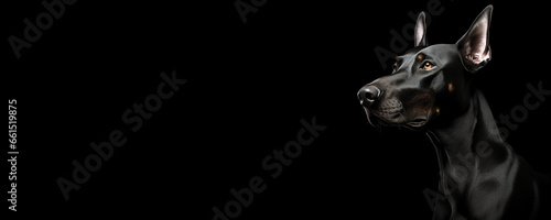 Portrait of a Doberman Pinscher dog isolated on black background banner with copy space
