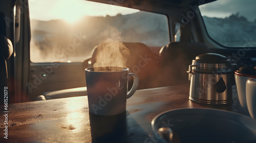 A cup of coffee in a van life campervan . Generative AI