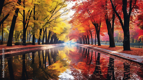 Realistic painting of an autumn scene featuring a tree-lined boulevard with leaves in vibrant colors covering the ground, photography