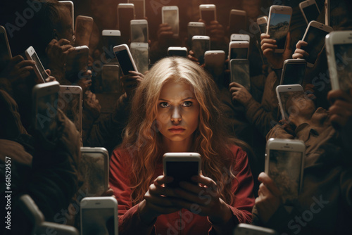 A woman is trapped in a world of her own making. She is surrounded by a field of flowers that grow out of her phone. The image is a metaphor for the way technology can isolate us from the real world