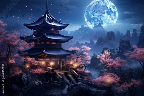 Stunning oriental shrine on a mountain adorned with cherry blossoms at night, illuminated by a shining moon. Generative AI
